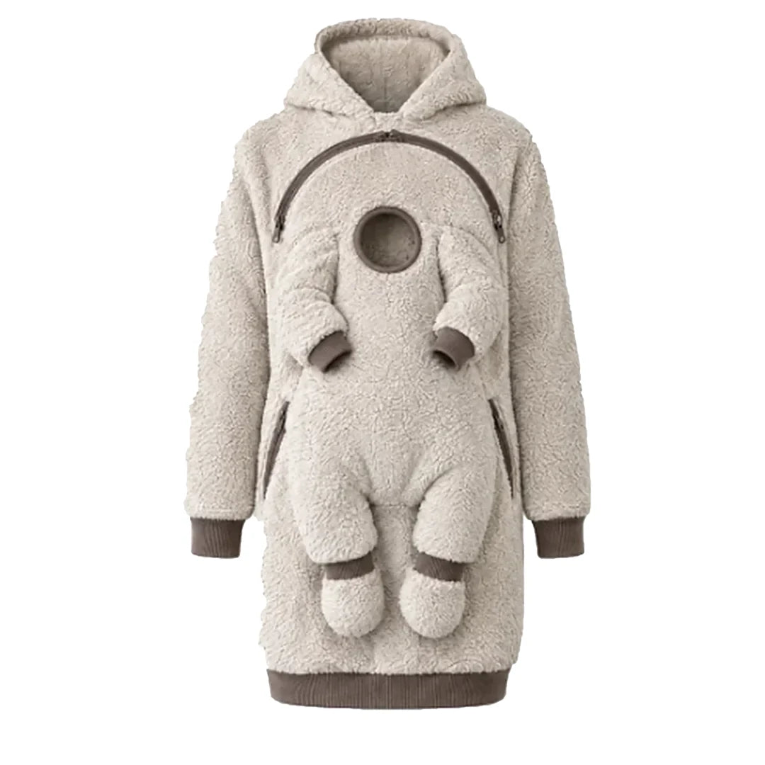 Beige fleece babywearing hoodie with two front zip pockets and an arched chest opening